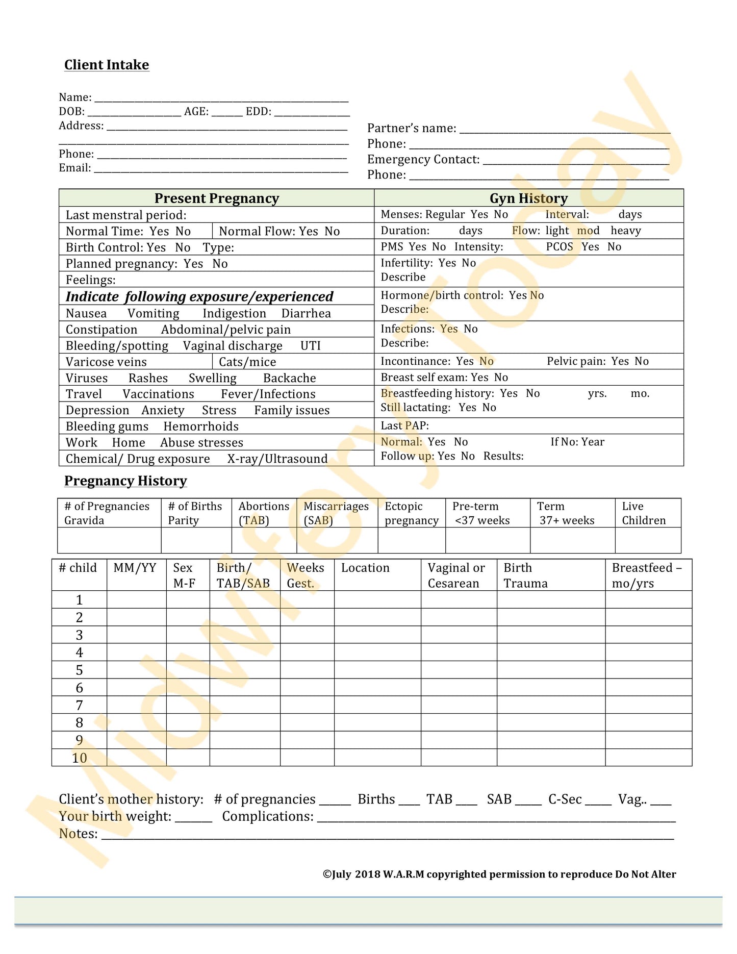 WARM Midwifery Charts Templates - Full Set