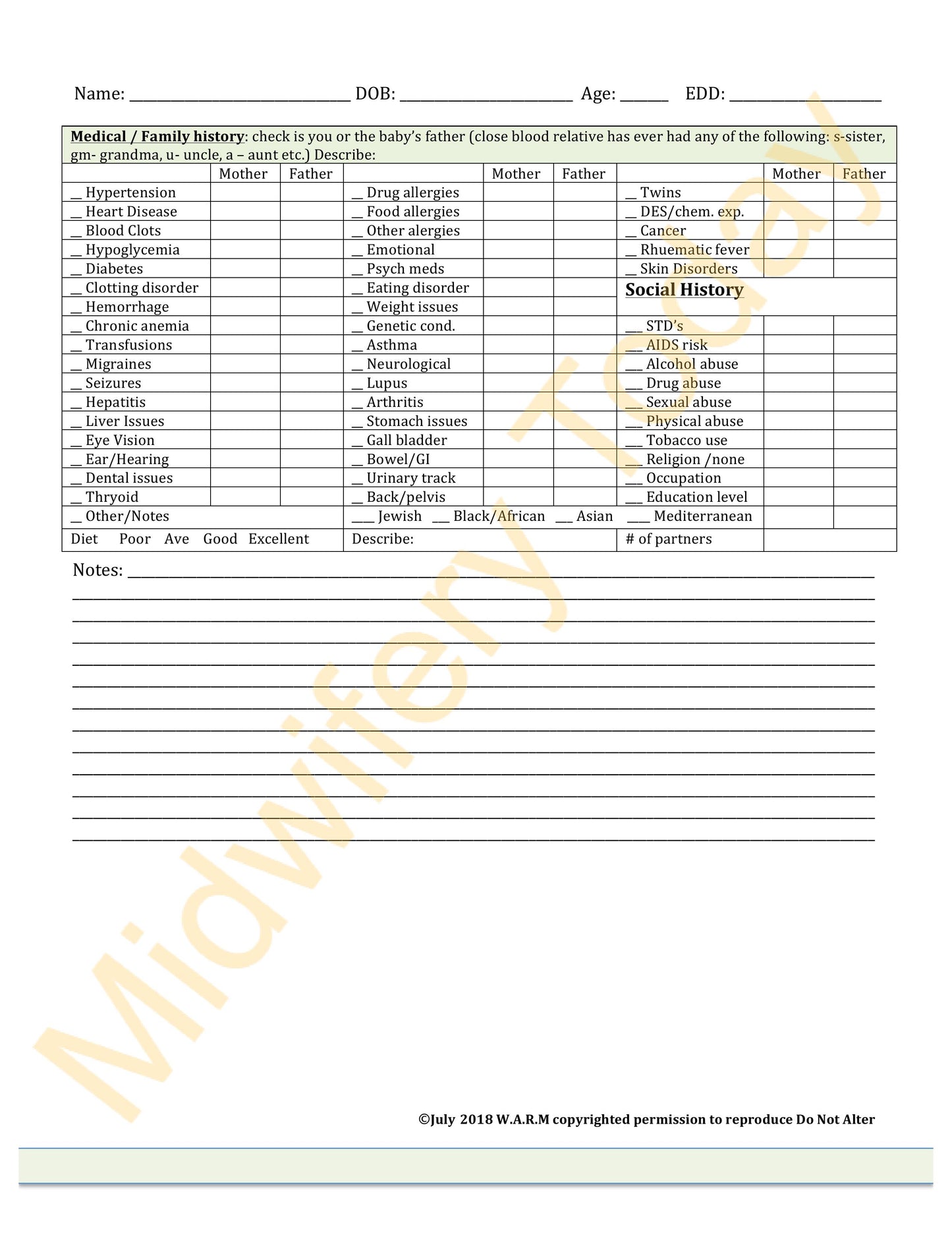WARM Midwifery Charts Templates - Full Set