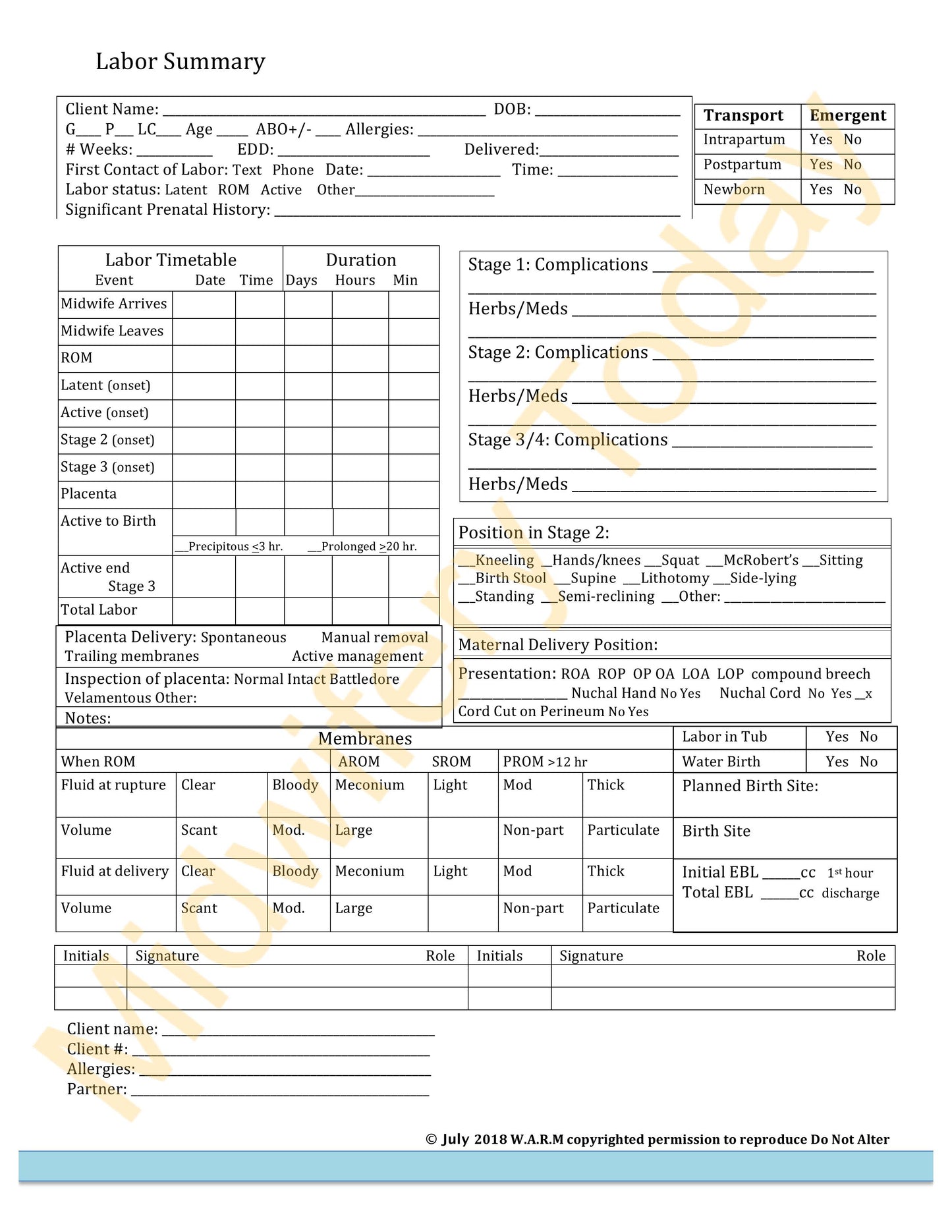 WARM Midwifery Charts Templates - Full Set