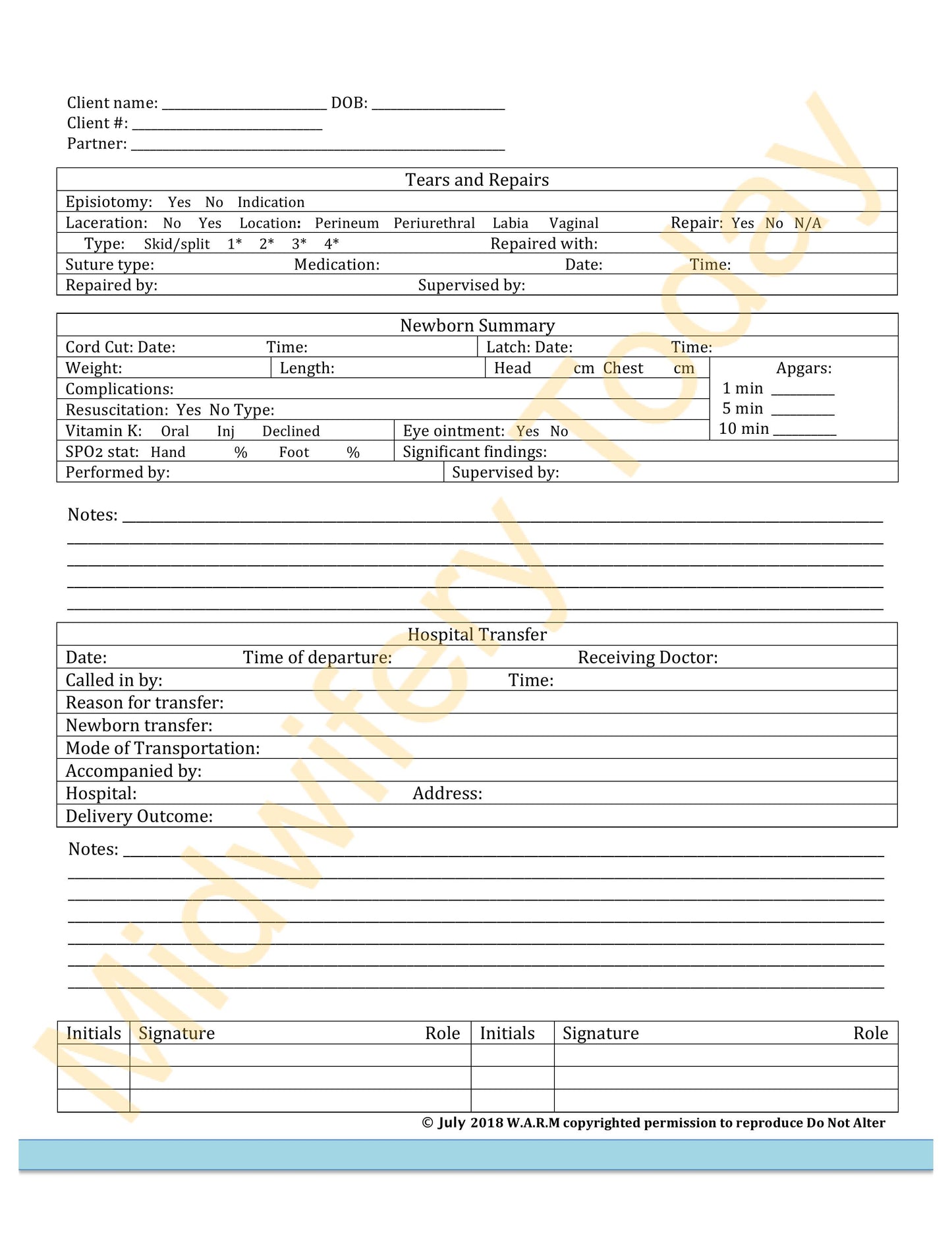 WARM Midwifery Charts Templates - Pre and Postnatal Set (Horizontal)