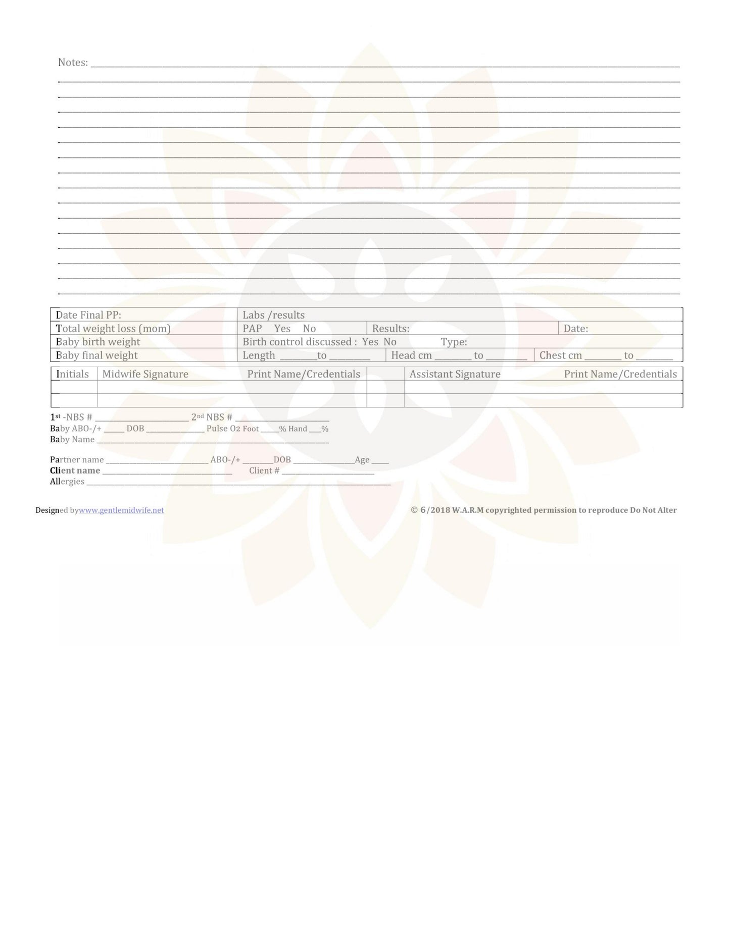 WARM Midwifery Charts Templates - Postnatal Flow