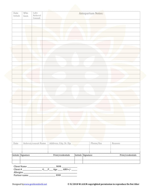 WARM Midwifery Charts Templates - Prenatal Notes