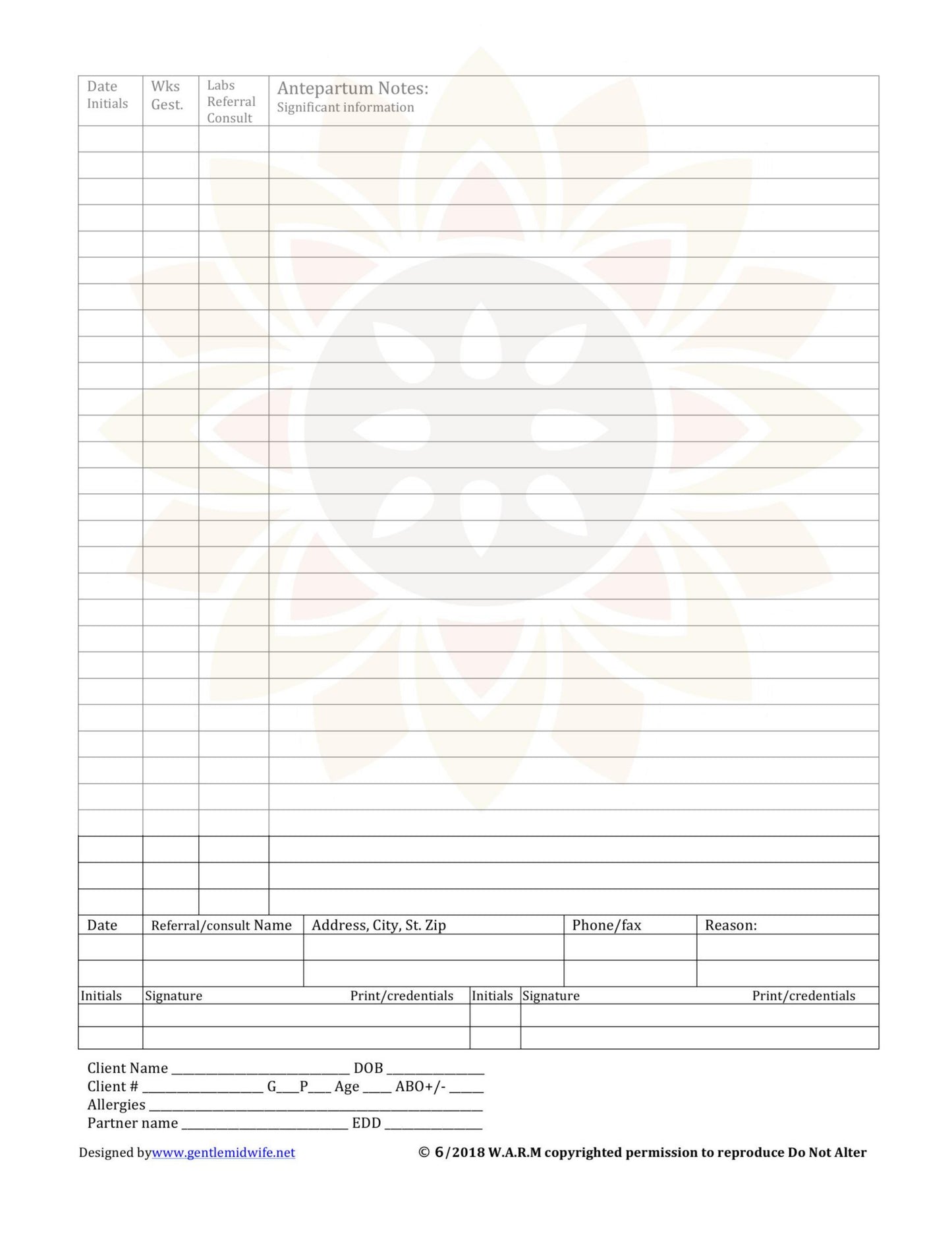 WARM Midwifery Charts Templates - Prenatal Notes