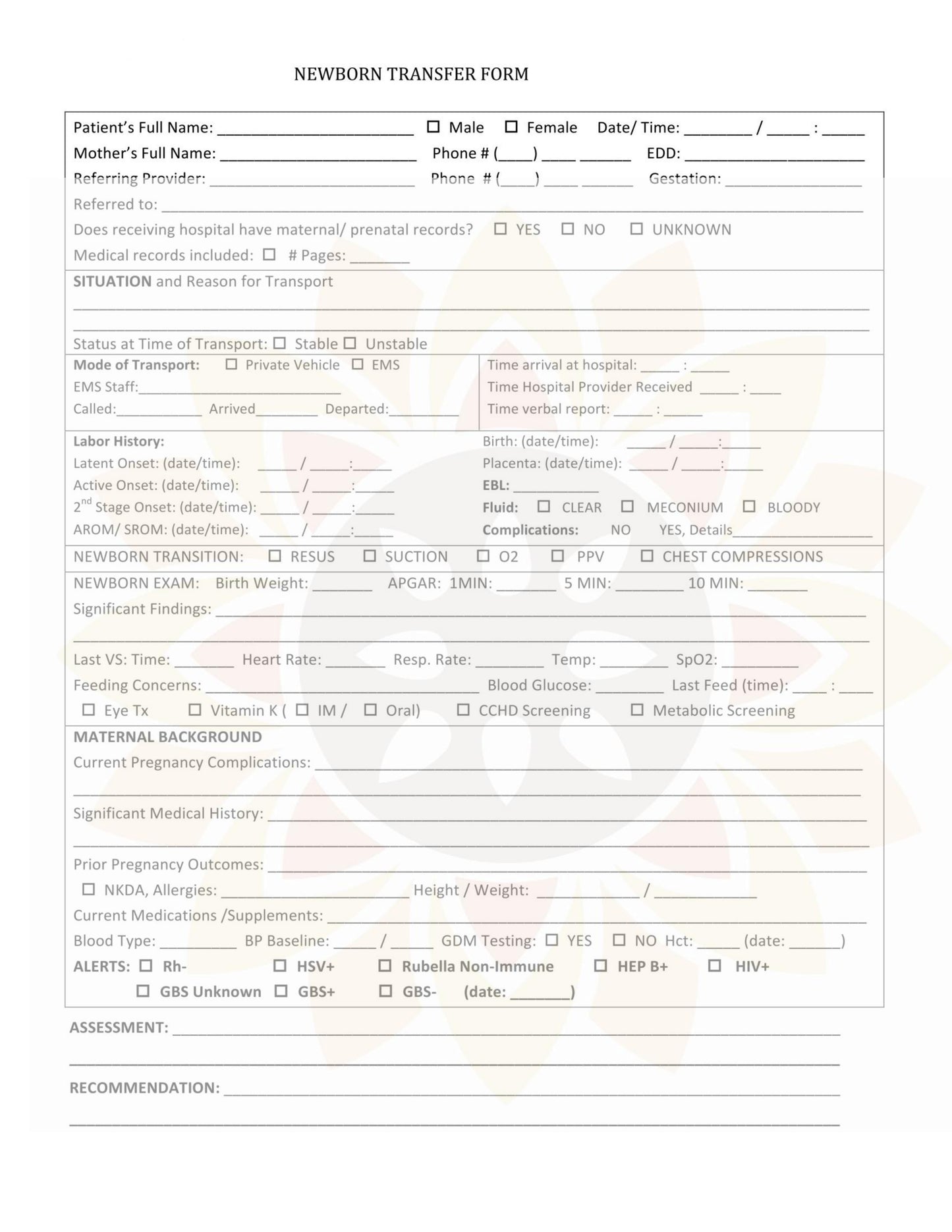 WARM Midwifery Charts Templates - Transfer Forms