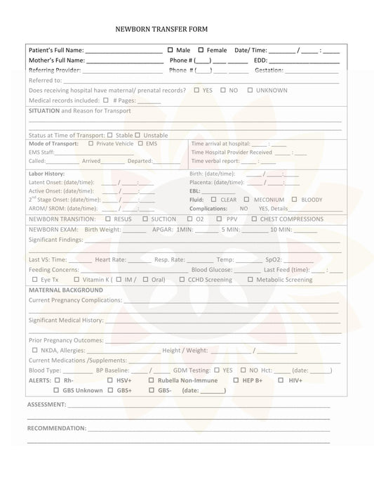 WARM Midwifery Charts Templates - Transfer Forms