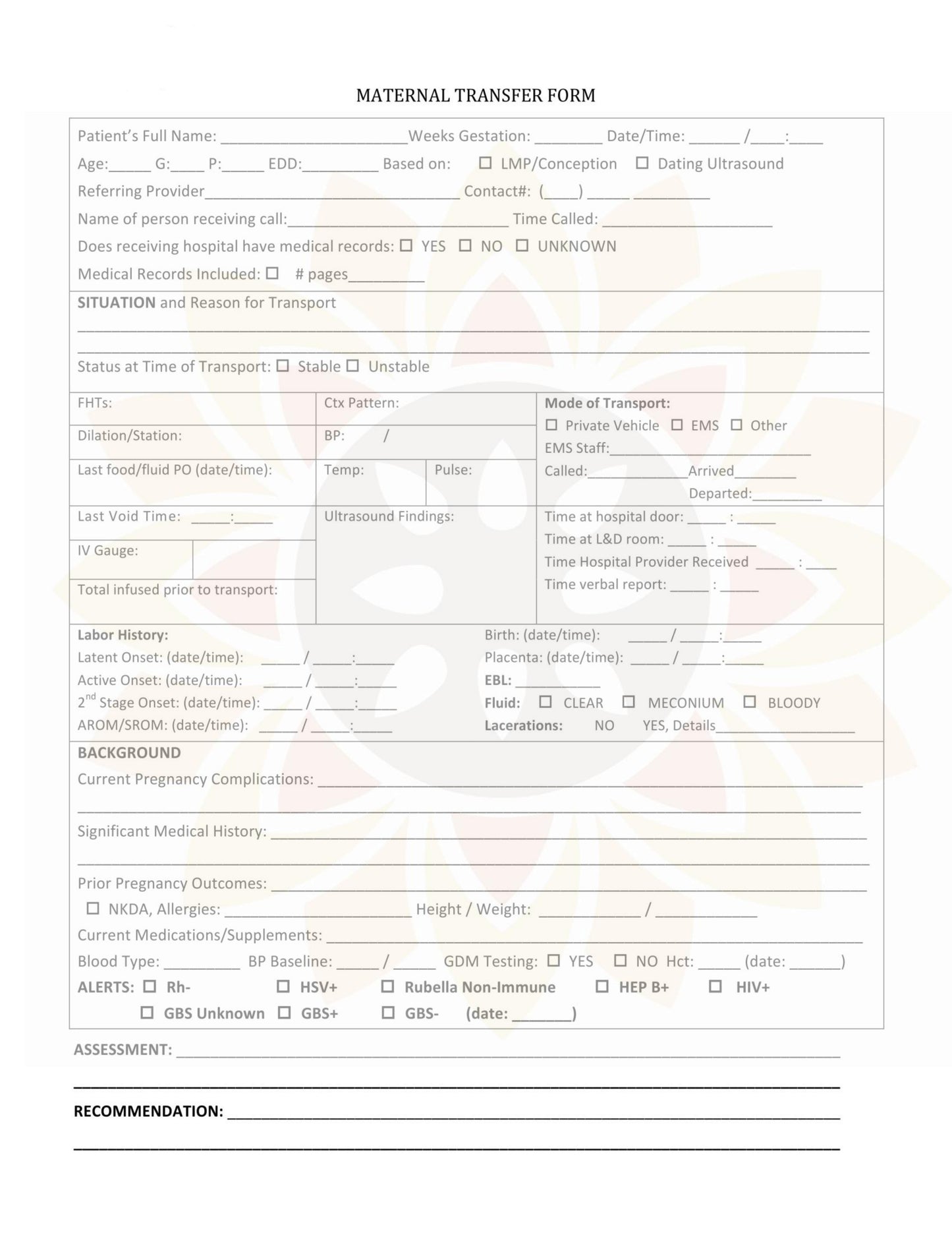 WARM Midwifery Charts Templates - Transfer Forms